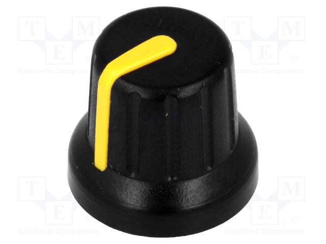 Knob; miniature,with pointer; ABS; Shaft d: 6mm; Ø16x14mm; black