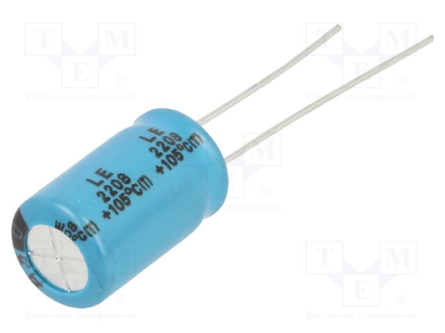 Capacitor: electrolytic; THT; 22uF; 200VDC; Ø10x16mm; Pitch: 5mm