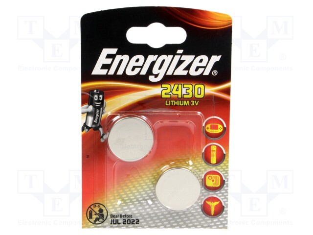 Battery: lithium; 3V; CR2430,coin; Batt.no: 2; Ø24x3mm