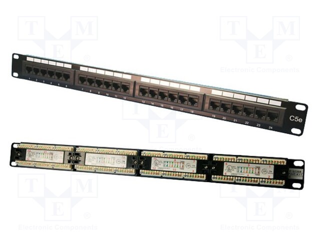 Patch panel; black; RJ45; Number of ports: 24; Cat: 5e