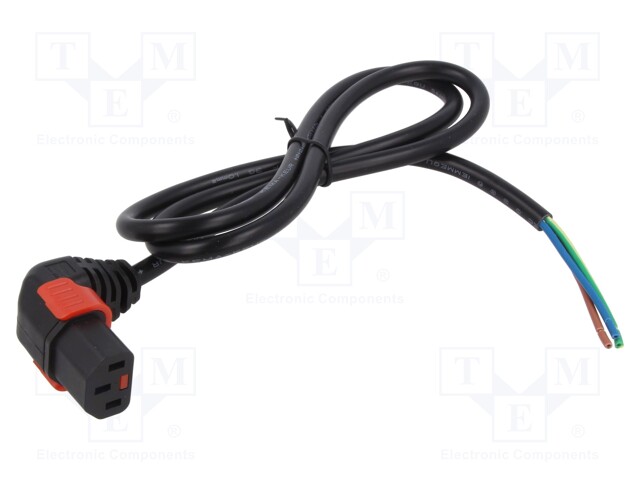 Cable; IEC C13 female 90°,wires; PVC; 1m; with IEC LOCK locking