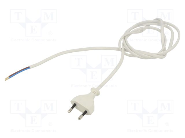 Cable; CEE 7/16 (C) plug,wires; PVC; 1.5m; white; 2x0,75mm2; 2.5A