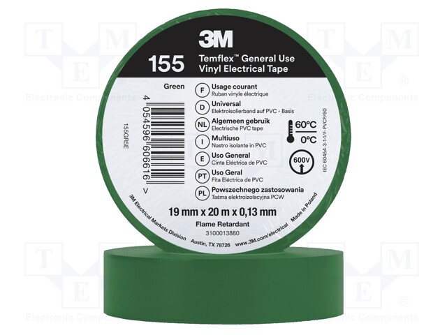 Tape: electrical insulating; W: 19mm; L: 20m; Thk: 0.13mm; green