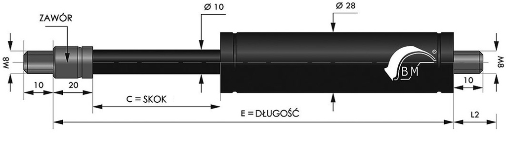 Gas spring; Thread: M8; E: 300mm; Øout: 28mm; Piston diam: 10mm; 300N