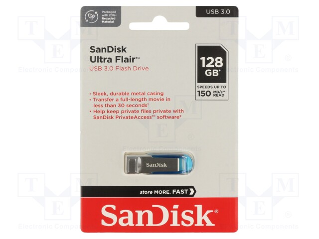 Pendrive; USB 3.0; 128GB; R: 150MB/s; USB A; ULTRA FLAIR; blue