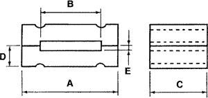 Ferrite: two-piece; 43Ω; A: 45mm; B: 6.35mm; C: 10mm; D: 34.4mm