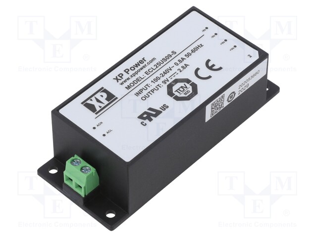 AC/DC Enclosed Power Supply (PSU), ITE, 1 Outputs, 25 W, 9 V, 2.8 A