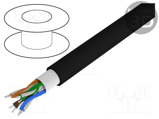 Wire; U/UTP; 5e; solid; Cu; 4x2x22AWG; PVC; black; 152m; 7.2mm