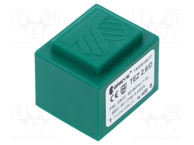 Transformer: encapsulated; 2.6VA; 230VAC; 6V; 433mA; Mounting: PCB