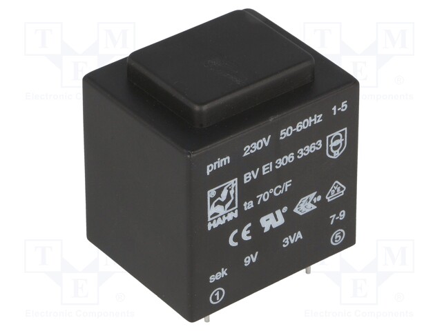Transformer: encapsulated; 3VA; 230VAC; 9V; 333mA; Mounting: PCB