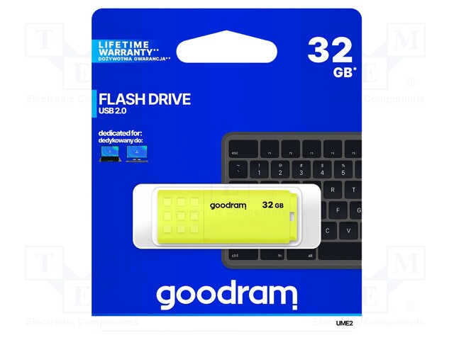 Pendrive; USB 2.0; 32GB; Read: 20MB/s; Write: 5MB/s; Colour: yellow