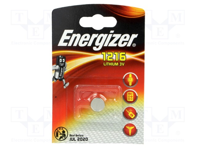 Battery: lithium; 3V; CR1216,coin; Batt.no: 1; Ø12.5x1.6mm; 34mAh