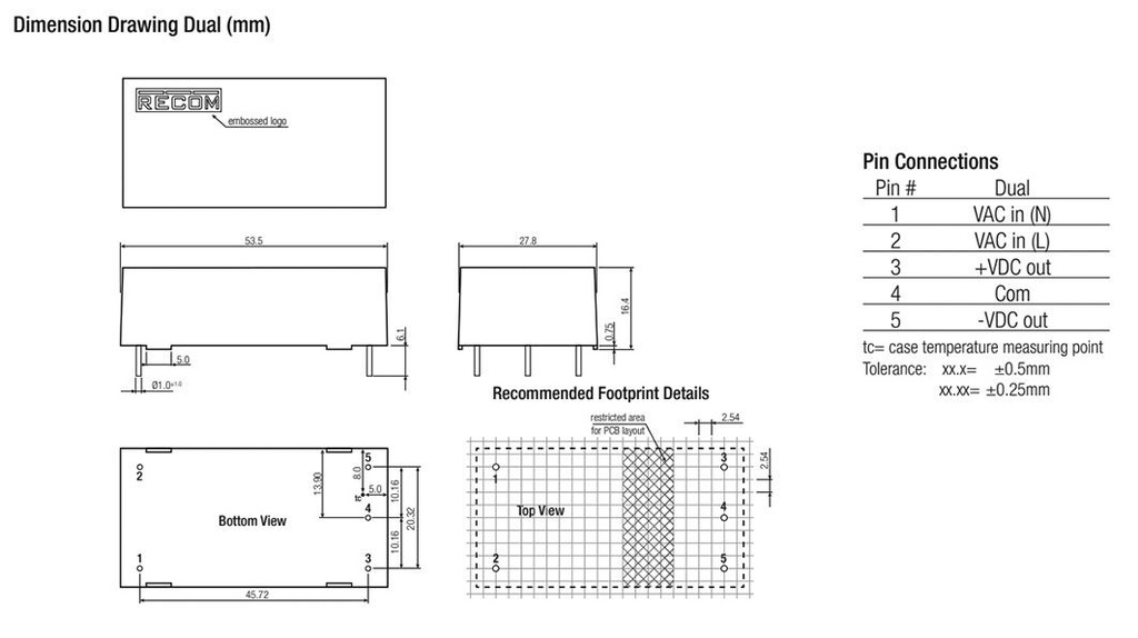 Converter: AC/DC; 5W; Uout: 12VDC; Iout: 210mA; 76%; Mounting: PCB