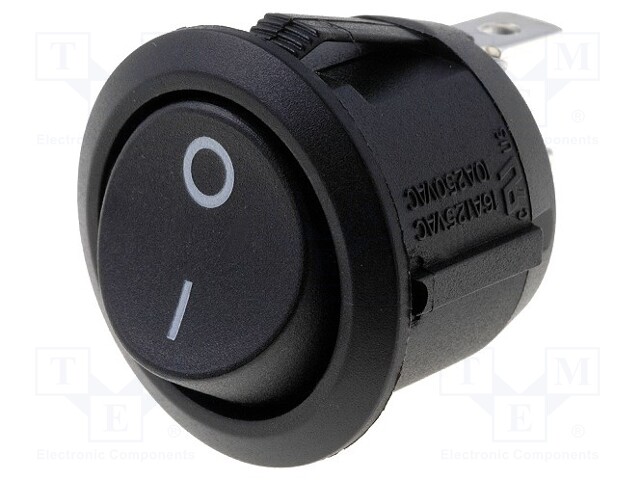 ROCKER; SPST; Pos: 2; OFF-ON; 6A/250VAC; black; none; Body: black