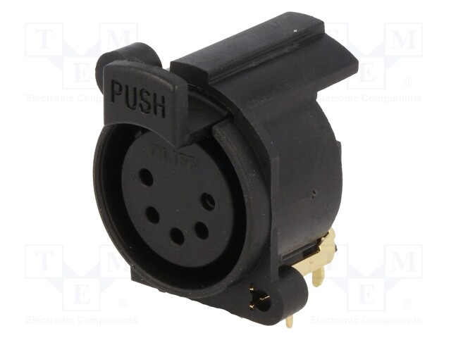 Socket; XLR; female; PIN: 5; angled 90°; with push button; THT; 5A