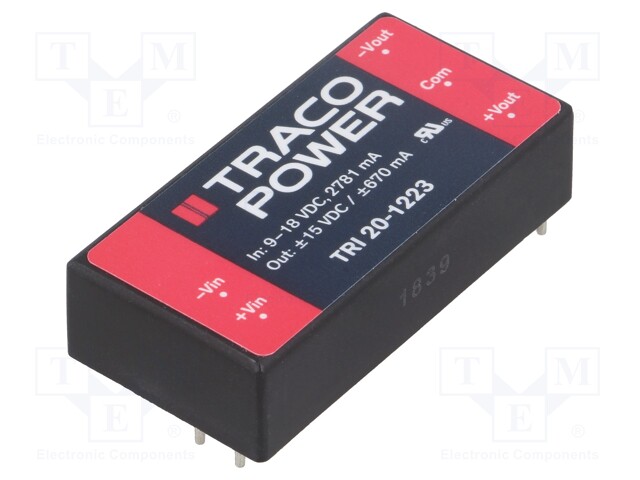 Converter: DC/DC; 20W; Uin: 9÷18V; Uout: 15VDC; Uout2: -15VDC; 2"x1"