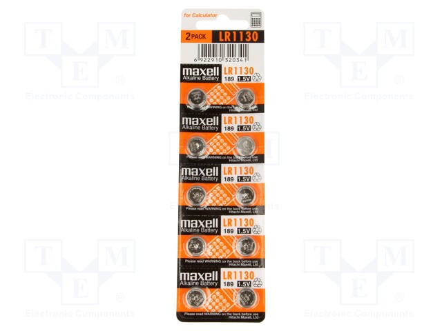 Battery: alkaline; 1.5V; LR1130,LR54,SR54,coin; Batt.no: 10