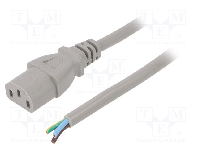Cable; IEC C13 female,wires; 5m; grey; PVC; 3x1mm2; 10A; 250V