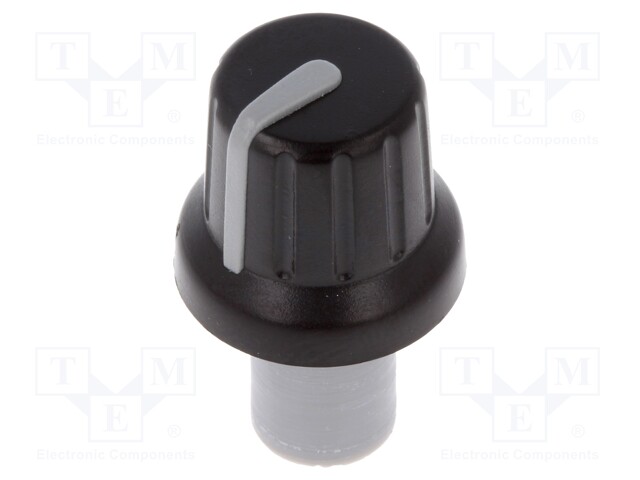 Knob; with pointer; ABS; Shaft d: 6mm; Ø16x14.4mm; black; push-in