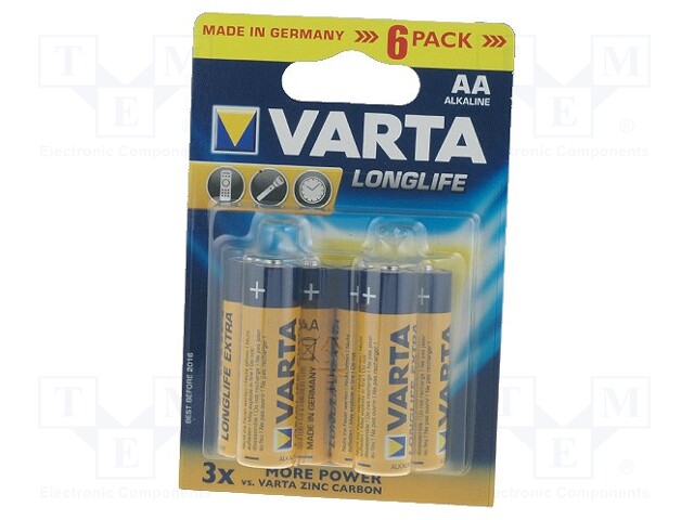 Battery: alkaline; 1.5V; AA; LONGLIFE; Batt.no: 6; non-rechargeable