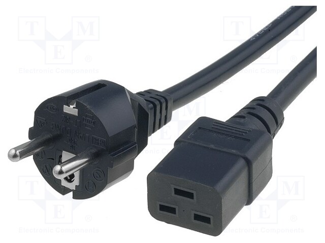 Cable; CEE 7/7 (E/F) plug,IEC C19 female; 2m; black; PVC; 3x1mm2