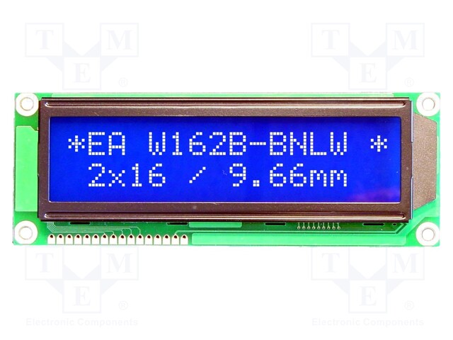 Display: LCD; alphanumeric; STN Negative; 16x2; blue; 122x44mm; LED