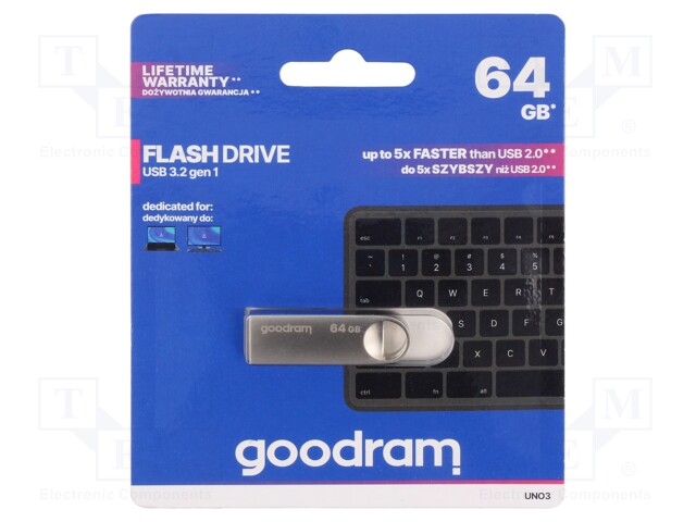 Pendrive; USB 3.2; 64GB; R: 60MB/s; W: 20MB/s; USB A; silver