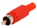 Plug; RCA; male; with strain relief; straight; soldering; red
