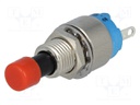 Switch: push-button; Pos: 2; SPST-NO; 0.6A/125VAC; 1A/30VDC; red