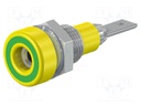 Socket; 2mm banana; 10A; 23mm; yellow-green; soldered,on panel