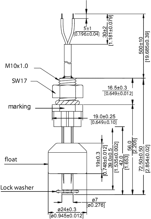 Sensor: liquid level; -20÷90°C; lead 0,5m; Output conf: SPST-NC